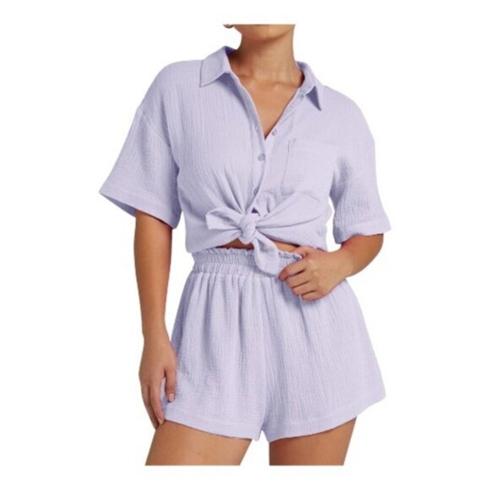 Cotton Linen Button Shirt Shorts Paper Bag Set Tracksuit Size Small NWT #0676VEG